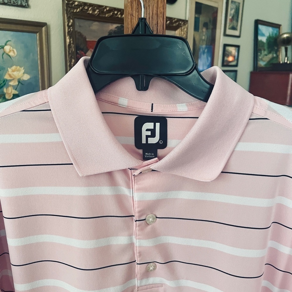 FootJoy men’s short sleeve stretch polo golf shirt L pink white black stripe - Picture 5 of 9